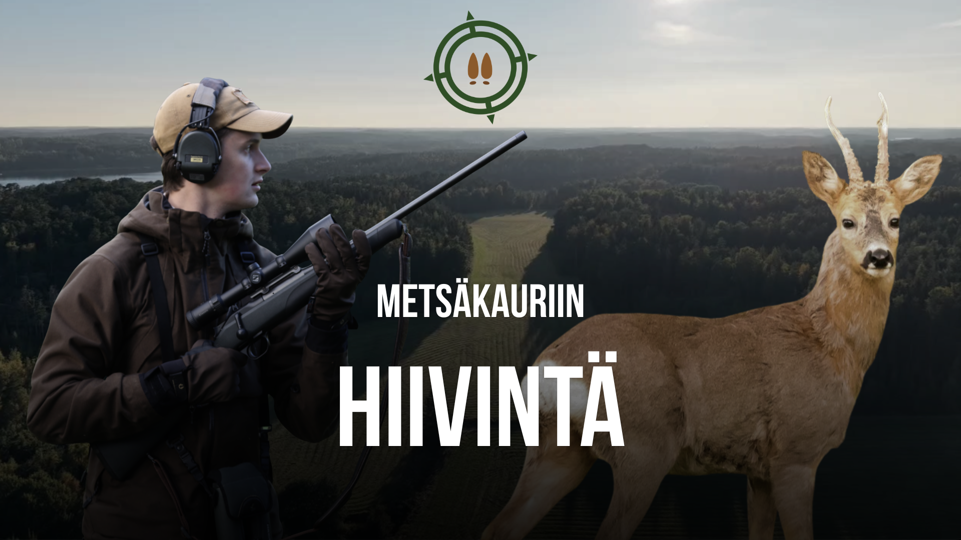 Metsäkauriin hiivintä: metsästäjä kiväärin kanssa, metsäkaurispukki ja saaristomaisema